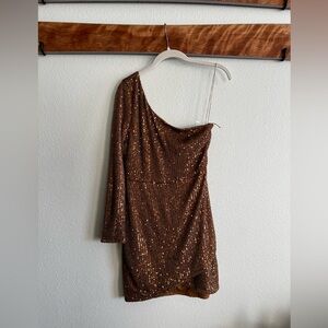Blue Blush One Shoulder Gold Sequin Dress